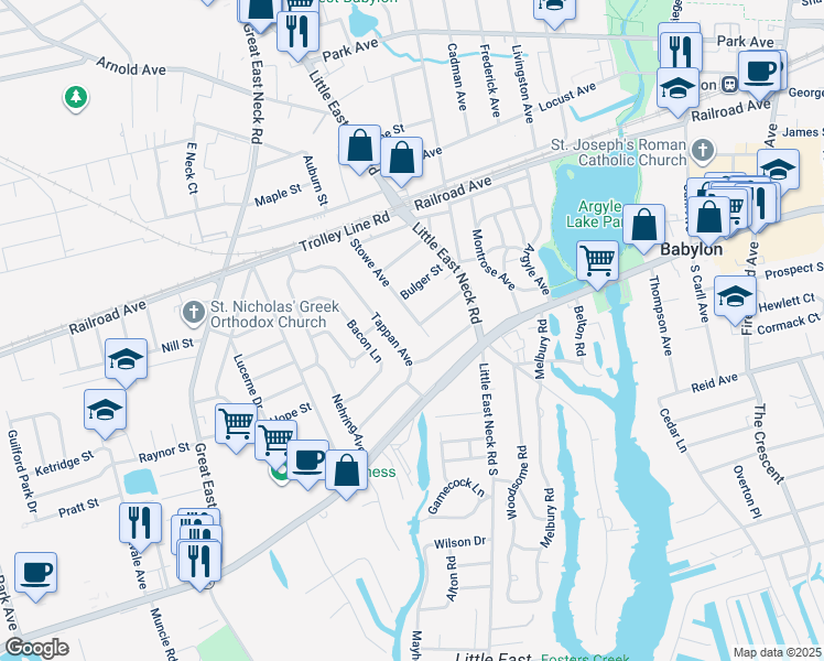 map of restaurants, bars, coffee shops, grocery stores, and more near 16 Stowe Avenue in Babylon