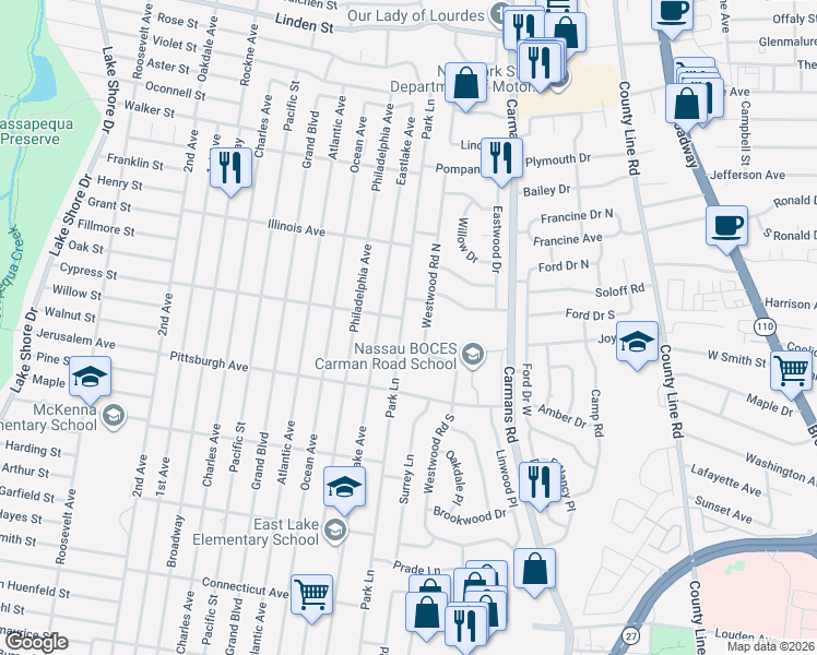 map of restaurants, bars, coffee shops, grocery stores, and more near 303 Park Lane in Massapequa Park