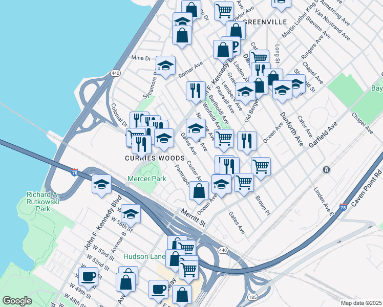 map of restaurants, bars, coffee shops, grocery stores, and more near 181 Gates Avenue in Jersey City