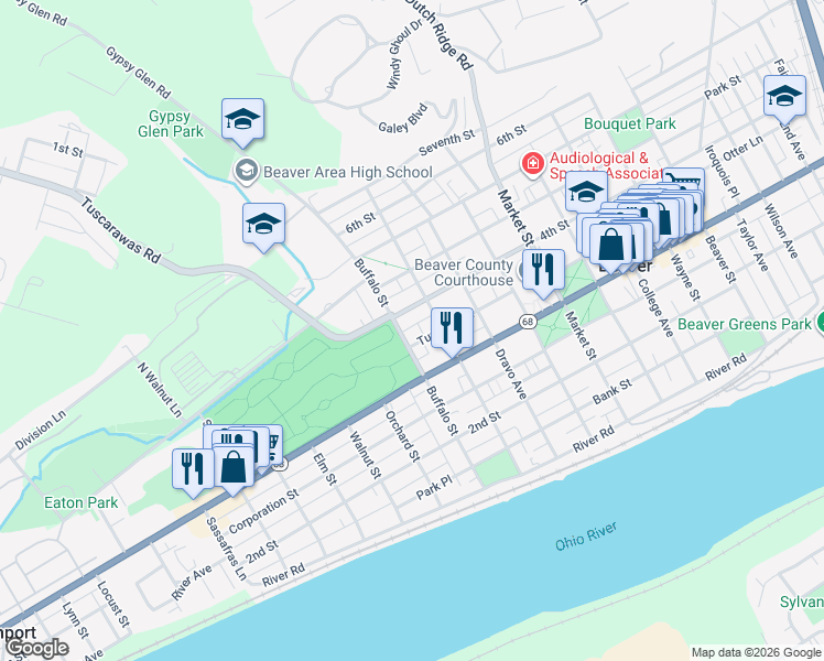 map of restaurants, bars, coffee shops, grocery stores, and more near 360 Buffalo Street in Beaver
