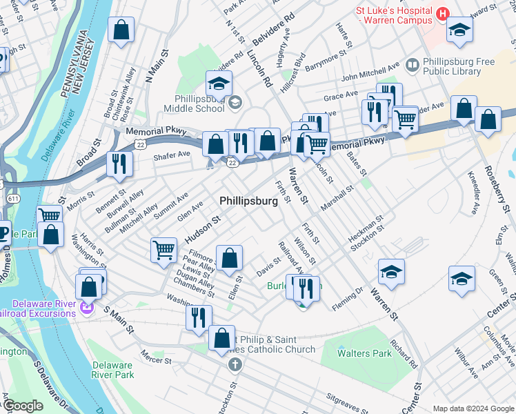 map of restaurants, bars, coffee shops, grocery stores, and more near 78 Miller Street in Phillipsburg