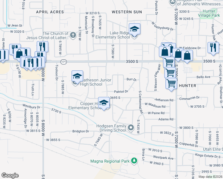 map of restaurants, bars, coffee shops, grocery stores, and more near 7590 Patriot Dr in Magna