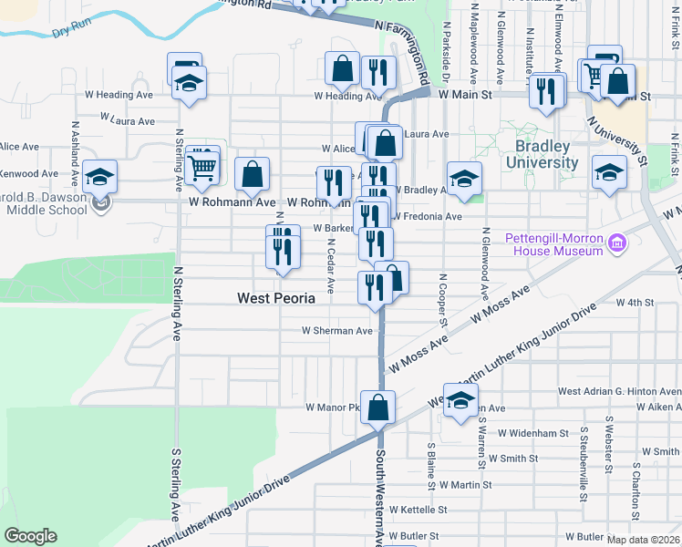 map of restaurants, bars, coffee shops, grocery stores, and more near 2005 West Callender Avenue in West Peoria