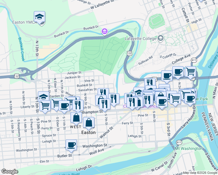 map of restaurants, bars, coffee shops, grocery stores, and more near 673 Sassafras Street in Easton