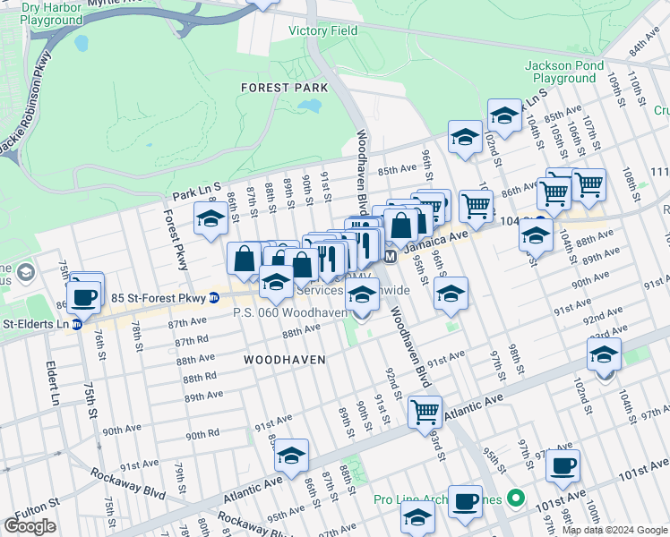 map of restaurants, bars, coffee shops, grocery stores, and more near 86-64 91st Street in Queens