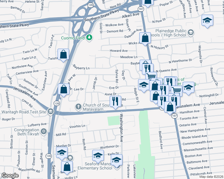 map of restaurants, bars, coffee shops, grocery stores, and more near 3980 Eve Drive in Seaford