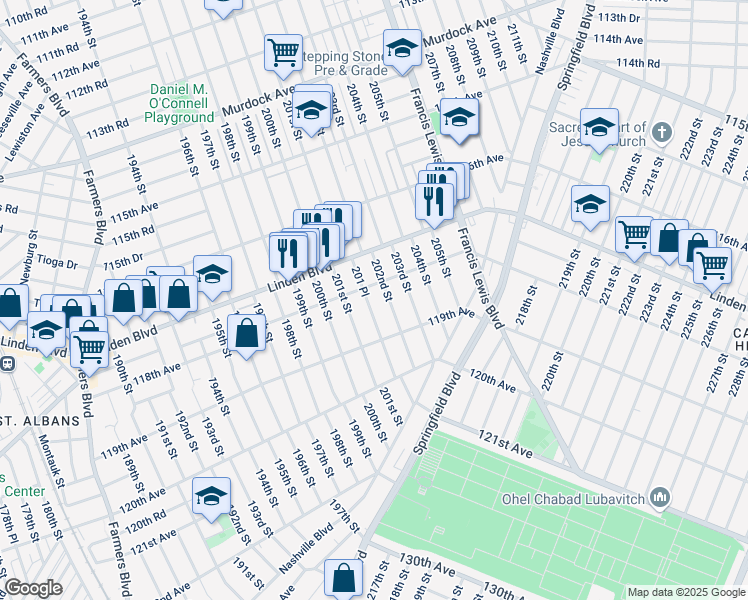 map of restaurants, bars, coffee shops, grocery stores, and more near 118-10 201 Place in Queens