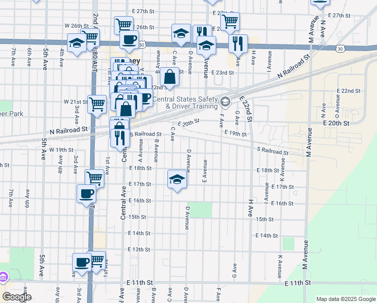 map of restaurants, bars, coffee shops, grocery stores, and more near 350-398 East 19th Street in Kearney