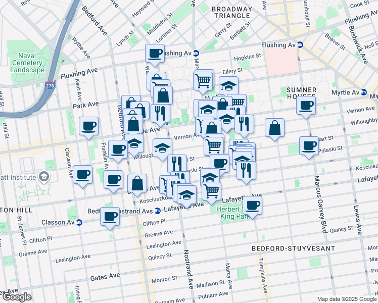 map of restaurants, bars, coffee shops, grocery stores, and more near 474 Willoughby Avenue in Kings County