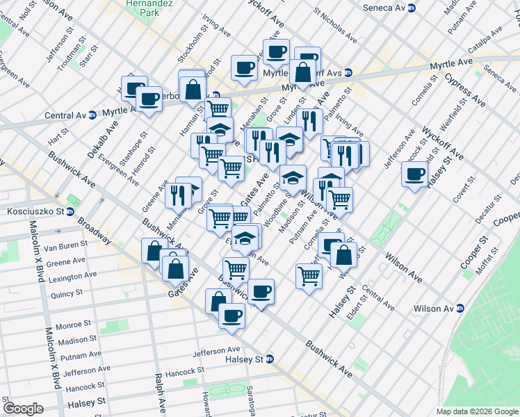 map of restaurants, bars, coffee shops, grocery stores, and more near Central Ave & Palmetto St in Brooklyn
