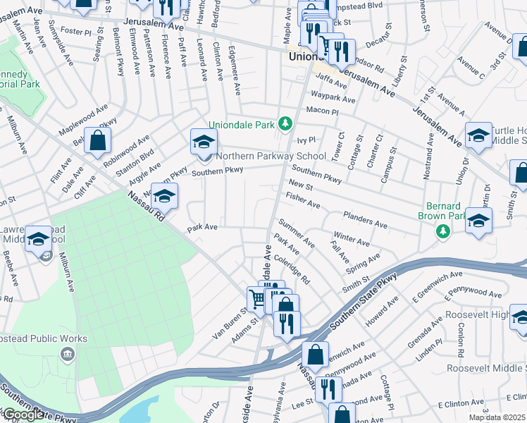 map of restaurants, bars, coffee shops, grocery stores, and more near 340 Uniondale Avenue in Uniondale
