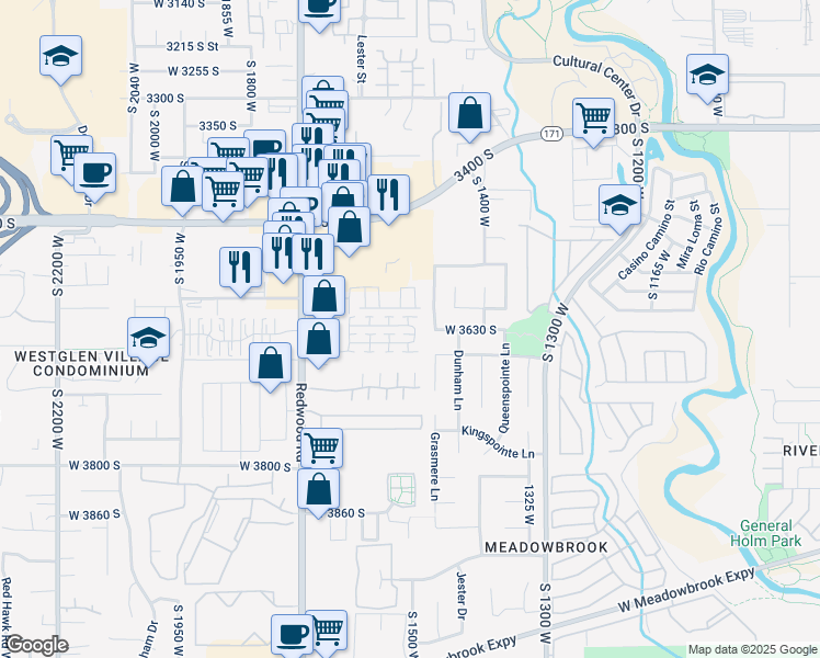 map of restaurants, bars, coffee shops, grocery stores, and more near 1521 Kinloch Way in West Valley City