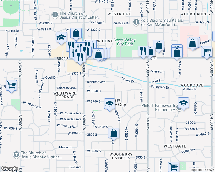 map of restaurants, bars, coffee shops, grocery stores, and more near 3625 Richfield Circle in West Valley City
