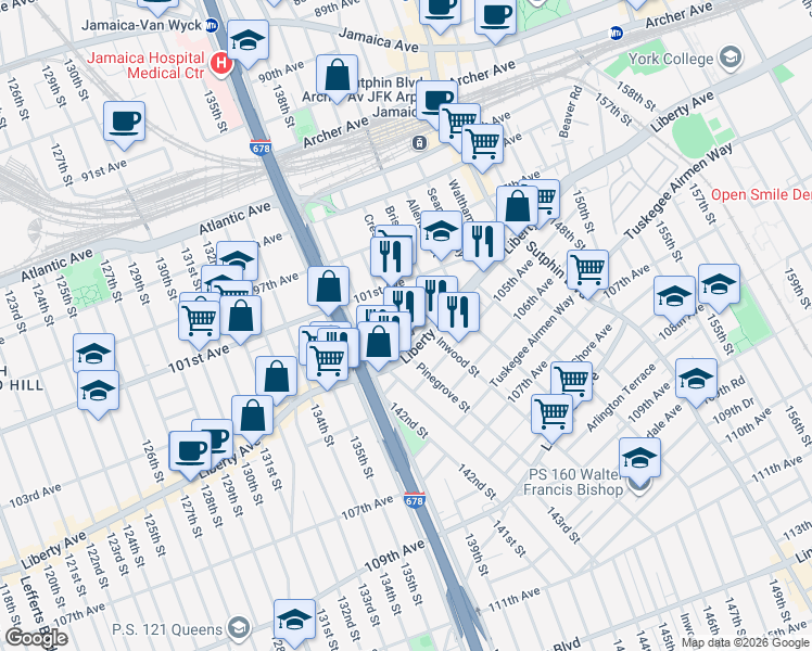 map of restaurants, bars, coffee shops, grocery stores, and more near 138-35 Lloyd Road in Queens