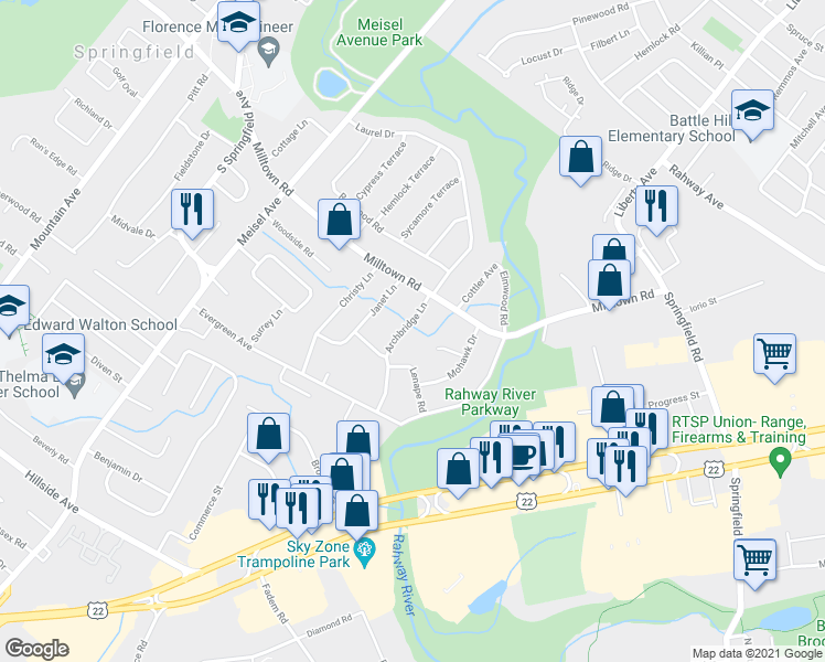 map of restaurants, bars, coffee shops, grocery stores, and more near 24 Archbridge Lane in Springfield