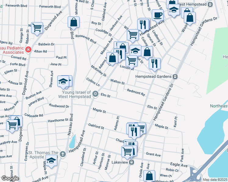 map of restaurants, bars, coffee shops, grocery stores, and more near 239 Windsor Lane in West Hempstead