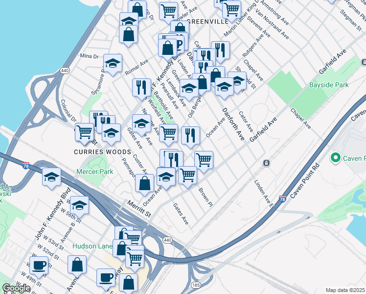 map of restaurants, bars, coffee shops, grocery stores, and more near in Jersey City