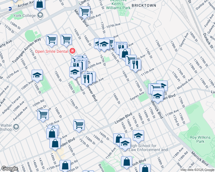 map of restaurants, bars, coffee shops, grocery stores, and more near 110-35 164th Place in Queens