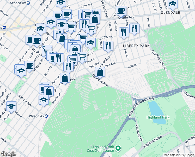 map of restaurants, bars, coffee shops, grocery stores, and more near 80-41 Cypress Avenue in Queens