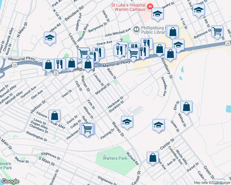 map of restaurants, bars, coffee shops, grocery stores, and more near 366 Prospect Street in Phillipsburg