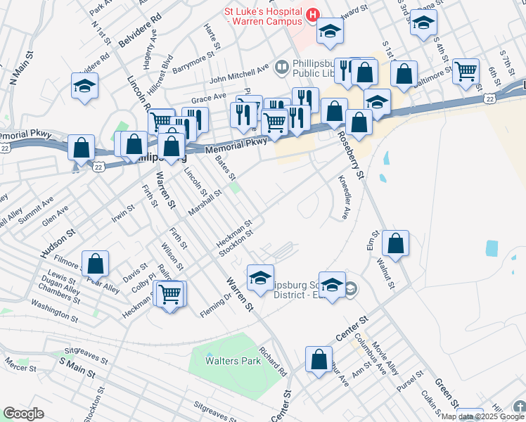 map of restaurants, bars, coffee shops, grocery stores, and more near 389 Bates Street in Phillipsburg