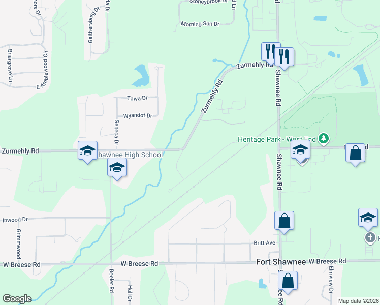 map of restaurants, bars, coffee shops, grocery stores, and more near 2305 Meadow Lane in Lima