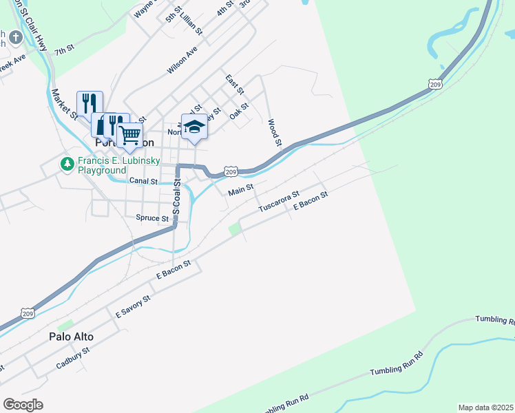 map of restaurants, bars, coffee shops, grocery stores, and more near 25 Tuscarora Street in Pottsville