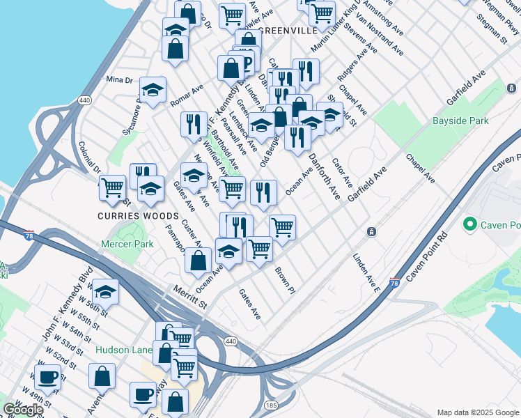 map of restaurants, bars, coffee shops, grocery stores, and more near 11 Bartholdi Avenue in Jersey City