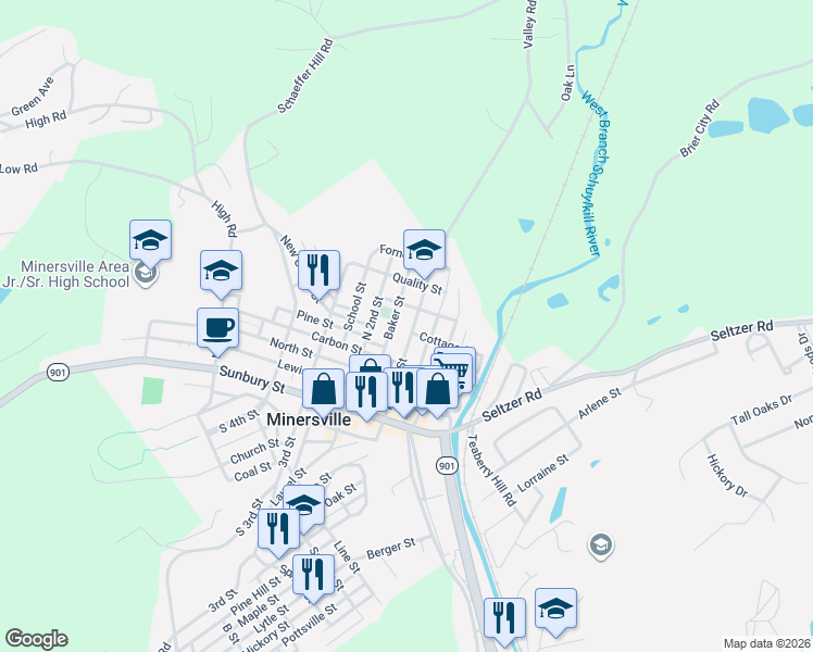 map of restaurants, bars, coffee shops, grocery stores, and more near 336 North Front Street in Minersville