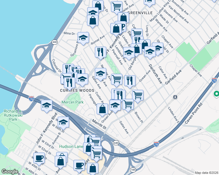 map of restaurants, bars, coffee shops, grocery stores, and more near 160 Seaview Avenue in Jersey City