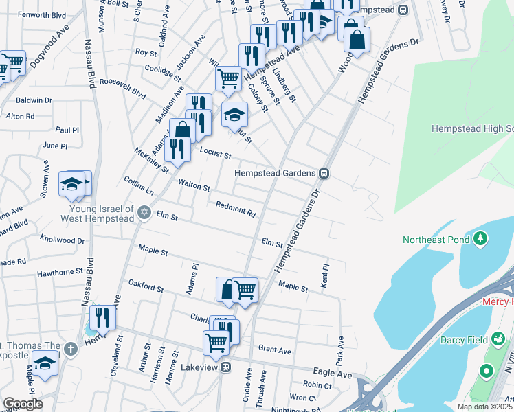 map of restaurants, bars, coffee shops, grocery stores, and more near 362 Walton Street in West Hempstead