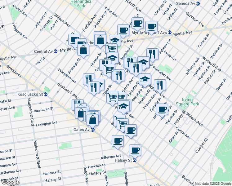 map of restaurants, bars, coffee shops, grocery stores, and more near 1257 Gates Avenue in Brooklyn