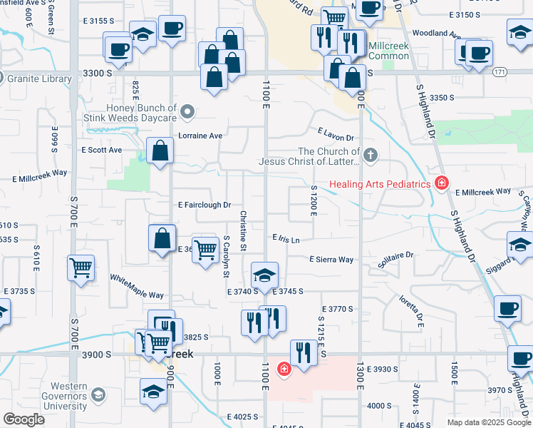map of restaurants, bars, coffee shops, grocery stores, and more near 1100 East 3580 South in Millcreek