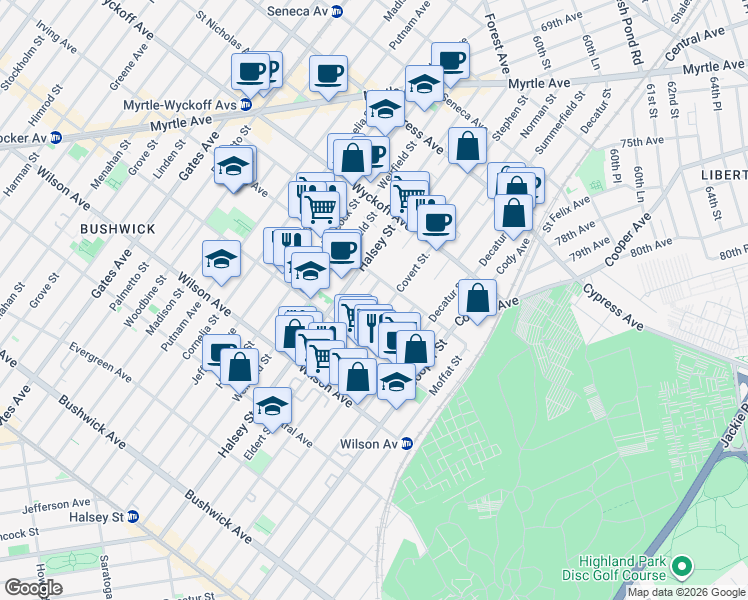 map of restaurants, bars, coffee shops, grocery stores, and more near 327 Eldert Street in Brooklyn