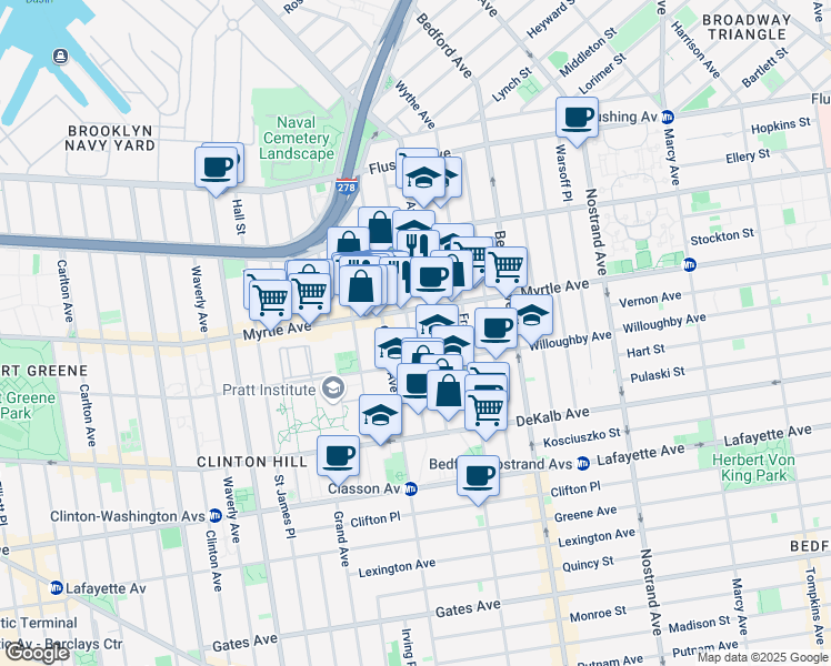 map of restaurants, bars, coffee shops, grocery stores, and more near 176 Taaffe Place in Brooklyn