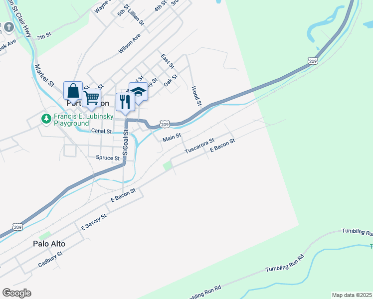 map of restaurants, bars, coffee shops, grocery stores, and more near 25 Tuscarora Street in Pottsville
