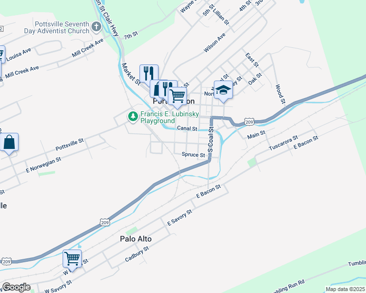 map of restaurants, bars, coffee shops, grocery stores, and more near 203 Jackson Street in Port Carbon