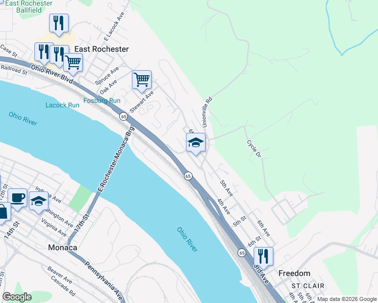 map of restaurants, bars, coffee shops, grocery stores, and more near 105 4th Avenue in Freedom