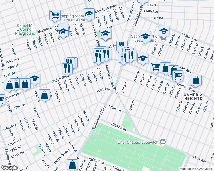 map of restaurants, bars, coffee shops, grocery stores, and more near 118-54 Nashville Boulevard in Queens