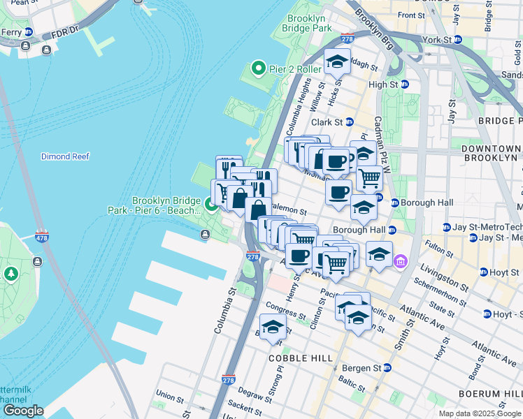 map of restaurants, bars, coffee shops, grocery stores, and more near 10 Columbia Place in Brooklyn