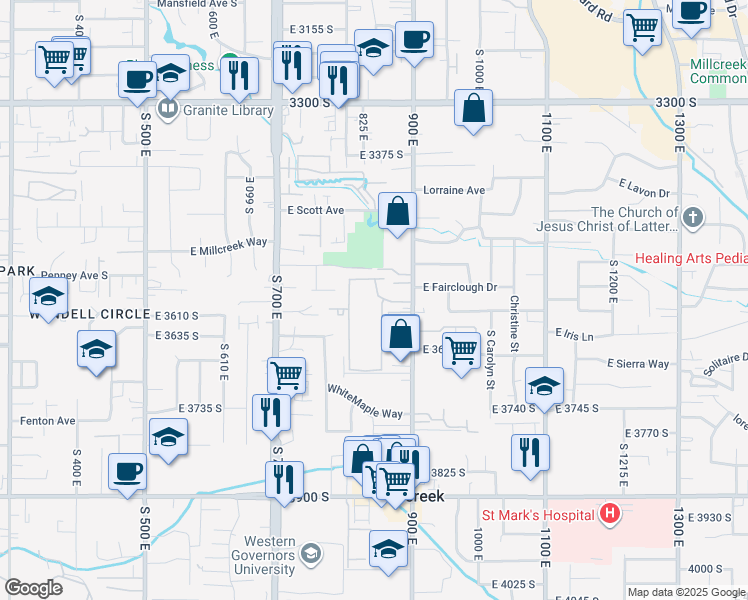 map of restaurants, bars, coffee shops, grocery stores, and more near 3584 South 860 East Street in Millcreek