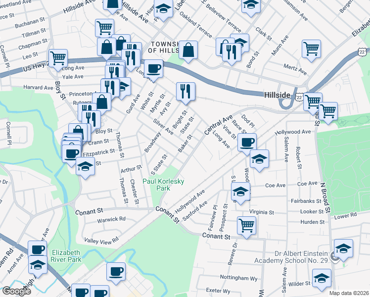 map of restaurants, bars, coffee shops, grocery stores, and more near 1255 Baker Street in Hillside