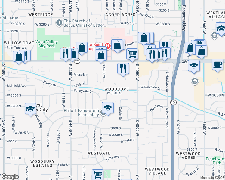 map of restaurants, bars, coffee shops, grocery stores, and more near 3628 South 4110 West in West Valley City