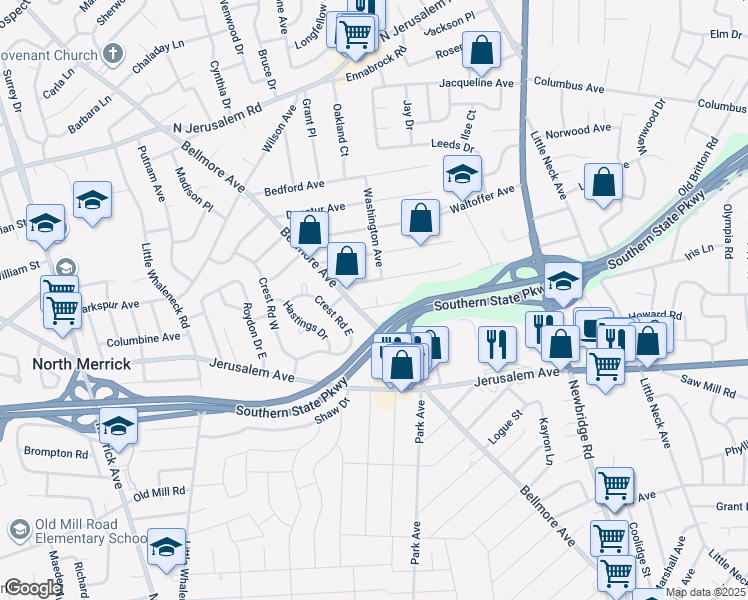 map of restaurants, bars, coffee shops, grocery stores, and more near 1991 Pershing Avenue in North Bellmore