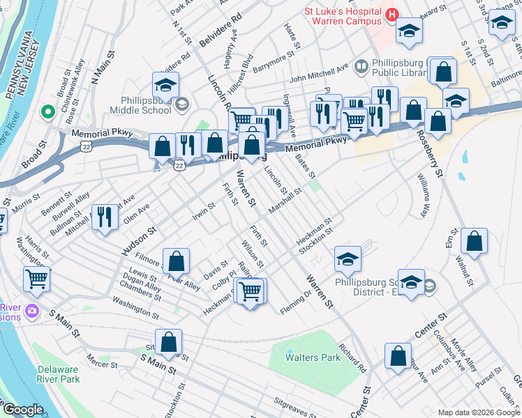 map of restaurants, bars, coffee shops, grocery stores, and more near 315 Warren Street in Phillipsburg