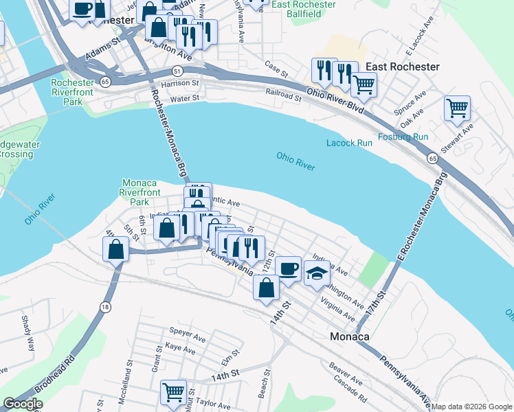 map of restaurants, bars, coffee shops, grocery stores, and more near 1099 Atlantic Avenue in Monaca