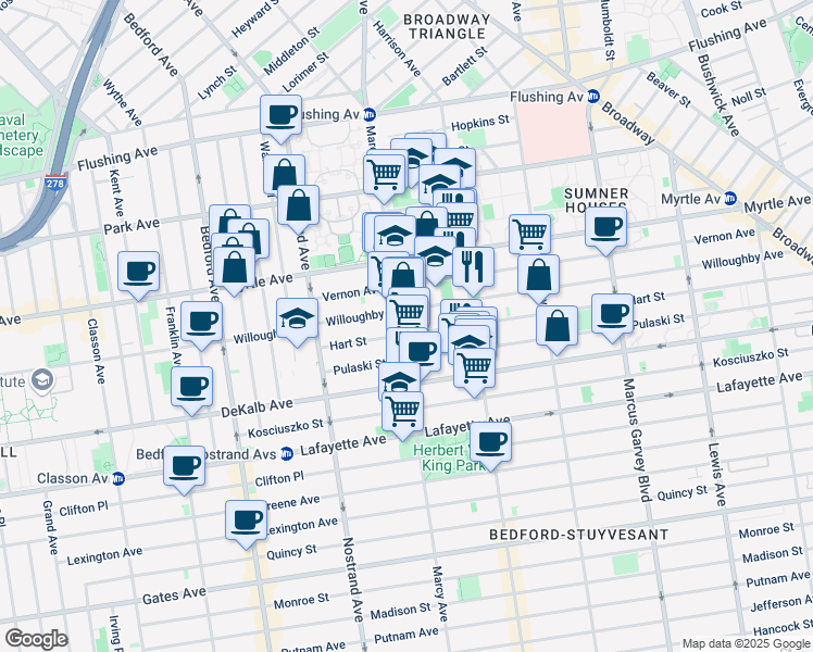 map of restaurants, bars, coffee shops, grocery stores, and more near 623 Marcy Avenue in Brooklyn