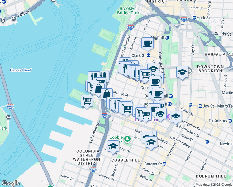 map of restaurants, bars, coffee shops, grocery stores, and more near 44 Joralemon Street in Brooklyn