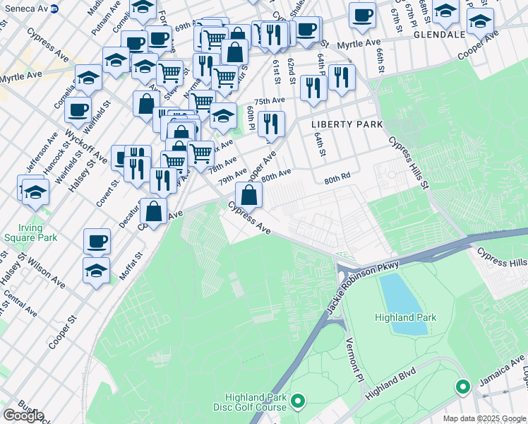 map of restaurants, bars, coffee shops, grocery stores, and more near 80-56 59th Street in Queens