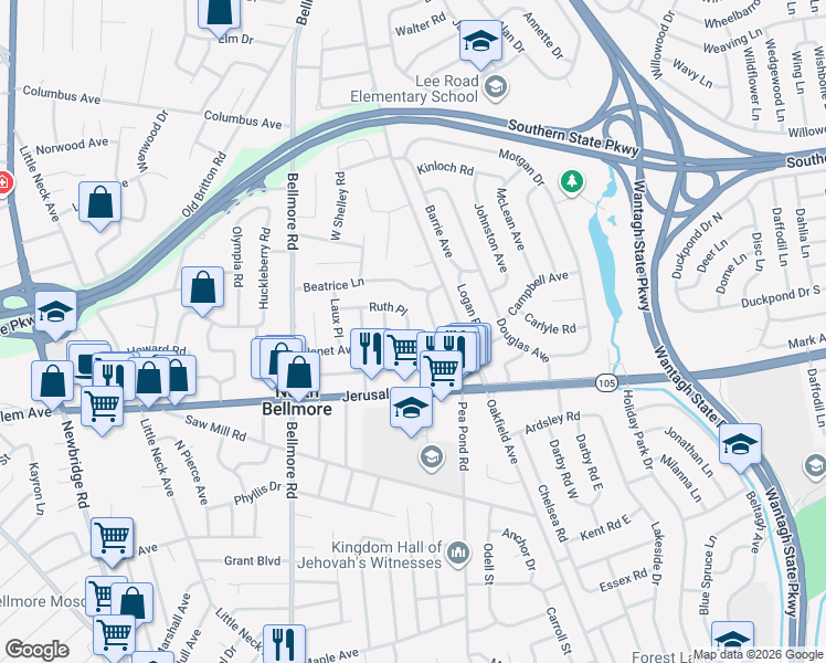 map of restaurants, bars, coffee shops, grocery stores, and more near 2835 Janet Avenue in North Bellmore
